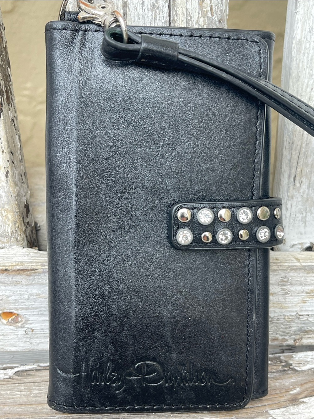 Harley-Davidson Crystal Studded Leather Wallet Wristlet Passport Holder